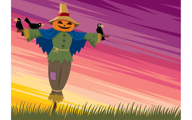 Download Иллюстрация "Scarecrow Background 2 - Illustration" / Scarecrow Background 2 - Illustration - Иллюстрация на тему графика halloween,scarecrow,background,landscape,wallpaper,cartoon,sunset,sky,crow,rook,raven,bird,pumpkin,field,farm,fantasy,fairy tale,autumn,grass,copy space