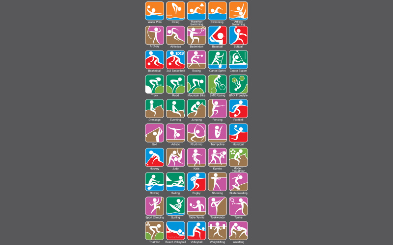 Download Иллюстрация "Summer Sports Symbols - Colorful - Illustration" / Summer Sports Symbols - Colorful - Illustration - Иллюстрация на тему графика olympic,olympiad,tokyo,2020,games,sports,summer,symbol,sign,icon,set,aquatics,swimming,diving,water polo,artistic swimming,marathon swimming,archery,athletics,badminton