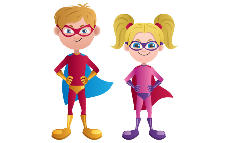 Download Иллюстрация "Super Kids Caucasian - Illustration" / Super Kids Caucasian - Illustration - Иллюстрация на тему графика superhero,superman,super,hero,man,child,kid,boy,girl,young,little,baby,character,costume,caucasian,blond,mask,cape,playing,power