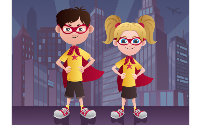 Download Иллюстрация "Super Kids City - Illustration" / Super Kids City - Illustration - Иллюстрация на тему графика super,hero,kid,boy,girl,child,superhero,superman,superheroine,heroine,man,young,little,baby,couple,character,power,powerful,comic book,strength