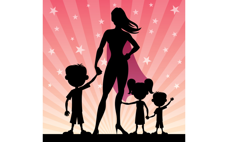 Download Иллюстрация "Super Mom 2 - Illustration" / Super Mom 2 - Illustration - Иллюстрация на тему графика mother,mom,mommy,super,hero,heroine,woman,superhero,superheroine,female,girl,boy,kid,child,daughter,son,family,little,small,silhouette