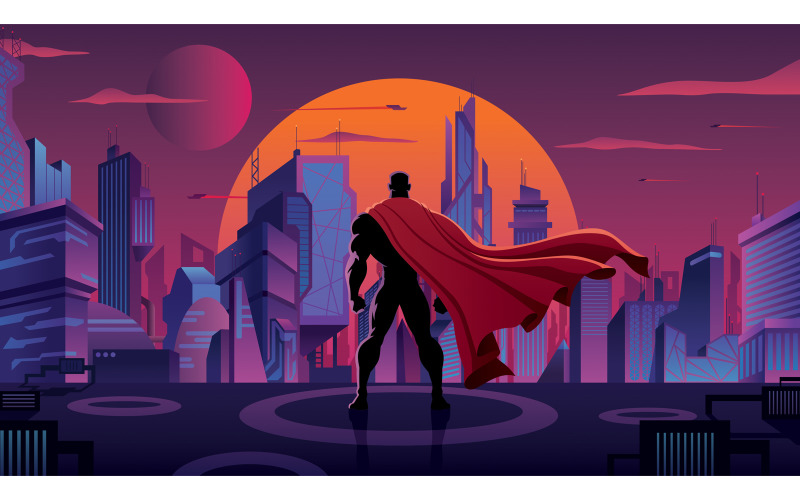 Download Иллюстрация "Superhero in Futuristic City - Illustration" / Superhero in Futuristic City - Illustration - Иллюстрация на тему графика superhero,super,hero,man,silhouette,watch,watching,over,city,cityscape,future,futuristic,science fiction,science,fiction,cyber,skyline,urban,scene,skyscraper