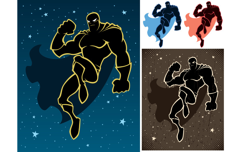 Download Иллюстрация "Superhero In The Sky - Illustration" / Superhero In The Sky - Illustration - Иллюстрация на тему графика superhero,super,hero,man,power,superman,silhouette,comic,book,cartoon,floating,flying,fist,action,motion,strength,muscular,body,male,macho