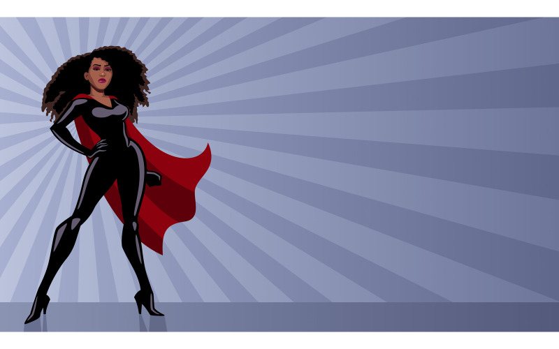 Download Иллюстрация "Superheroine Black Ray Light - Illustration" / Superheroine Black Ray Light - Illustration - Иллюстрация на тему графика woman,cape,superheroine,super,heroine,power,hero,superhero,african,african american,black,standing,tall,posing,model,ray light,sunlight,sunbeam,abstract,background
