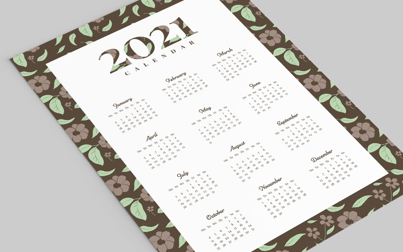 Download Planner "Calendar 2021 with Leaf Flower Pattern Planner" / Calendar 2021 with Leaf Flower Pattern Planner - Planner на тему графика beautiful,calendar,creative,green,month,template,nature,vertical,wall calendar,new year
