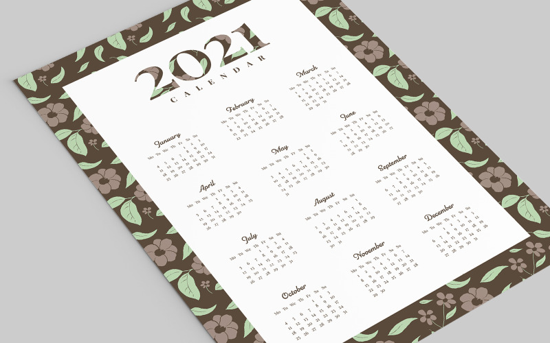 Calendario 2021 con planificador de patrones de flores de hoja