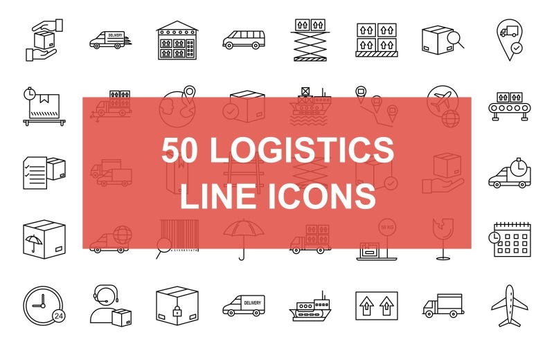 50 logistieke lijn zwarte pictogramserie