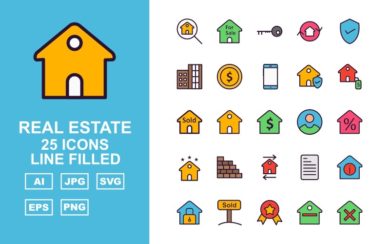Download Набор иконок "25 Premium Real Estate Line Filled Icon Set" / 25 Premium Real Estate Line Filled Icon Set - Набор иконок на тему city search,home,reward,rent,fence,deed,new,approved,contract,sale,key,flip,checkmark,building,cash,mobile,protected house,dollar house,sold,price