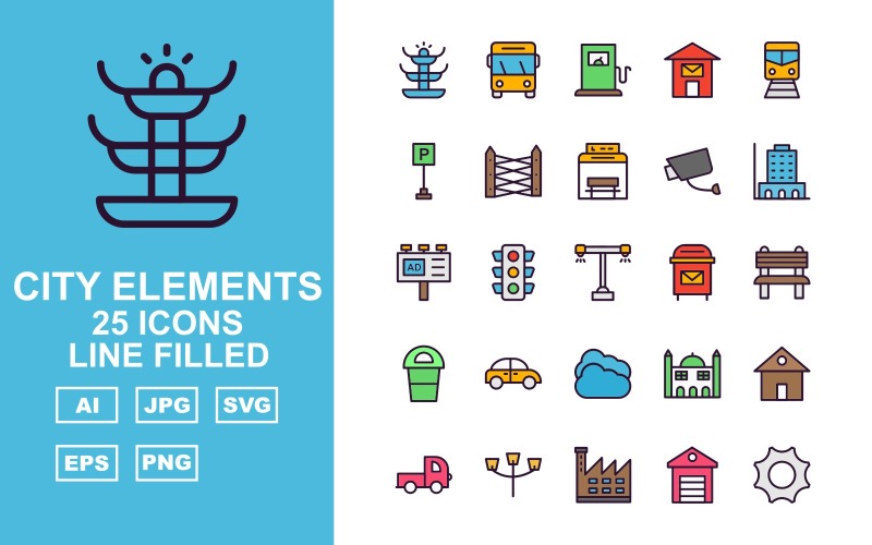 Conjunto de ícones preenchidos com 25 linhas Premium City Elements
