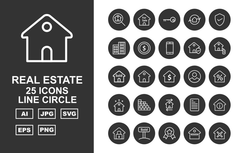 Conjunto de iconos de círculo de línea de bienes raíces premium 25
