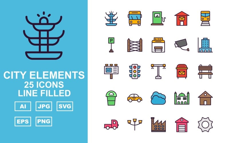 Conjunto de iconos llenos de línea de 25 elementos premium de la ciudad