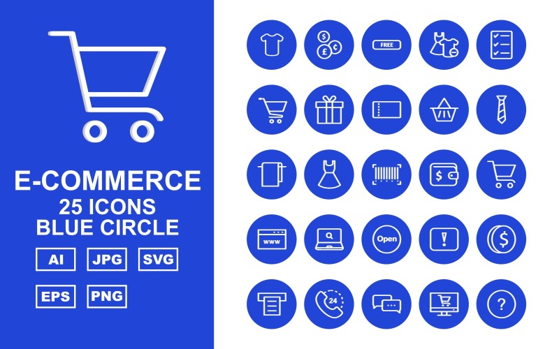 Conjunto de pacotes de ícones de círculo azul de 25 comércio eletrônico premium
