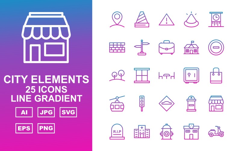 Ensemble d'icônes de dégradé de ligne Premium City Elements 25