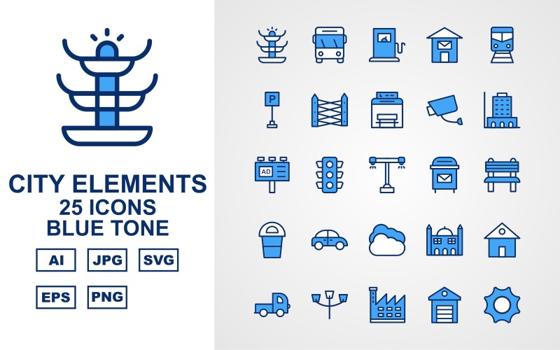Download Набор иконок "25 Premium City Elements Blue Tone Icon Set" / 25 Premium City Elements Blue Tone Icon Set - Набор иконок на тему city fountain,traffic signal,factory,school,shop,hospital,hydrant,police station,vespa,bus,petrol,post office,trumway,parking,fence,bus stop,cctv,building,ads,road light