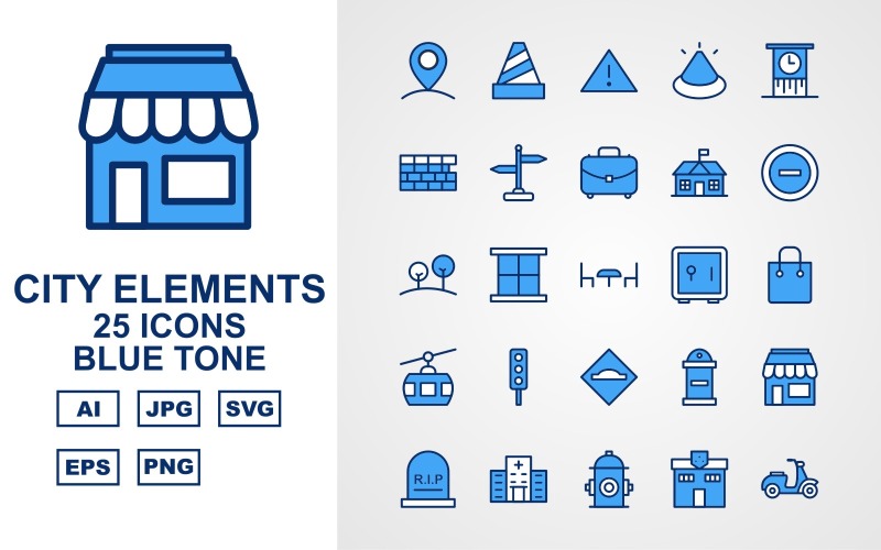Download Набор иконок "25 Premium City Elements Blue Tone Icon Set" / 25 Premium City Elements Blue Tone Icon Set - Набор иконок на тему city fountain,traffic signal,factory,school,shop,hospital,hydrant,police station,vespa,bus,petrol,post office,trumway,parking,fence,bus stop,cctv,building,ads,road light