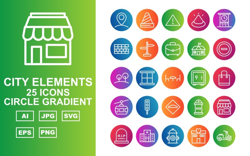 Download Набор иконок "25 Premium City Elements Circle Gradient Icon Set" / 25 Premium City Elements Circle Gradient Icon Set - Набор иконок на тему city fountain,traffic signal,factory,school,shop,hospital,hydrant,police station,vespa,bus,petrol,post office,trumway,parking,fence,bus stop,cctv,building,ads,road light