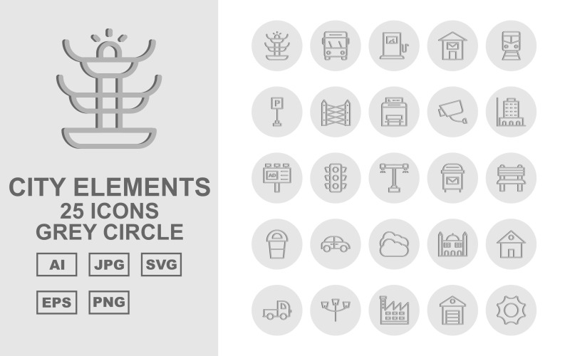 Download Набор иконок "25 Premium City Elements Grey Circle Icon Set" / 25 Premium City Elements Grey Circle Icon Set - Набор иконок на тему city fountain,traffic signal,factory,school,shop,hospital,hydrant,police station,vespa,bus,petrol,post office,trumway,parking,fence,bus stop,cctv,building,ads,road light