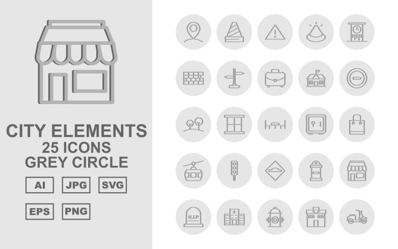 Download Набор иконок "25 Premium City Elements Grey Circle Icon Set" / 25 Premium City Elements Grey Circle Icon Set - Набор иконок на тему city fountain,traffic signal,factory,school,shop,hospital,hydrant,police station,vespa,bus,petrol,post office,trumway,parking,fence,bus stop,cctv,building,ads,road light