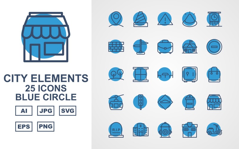 25 prémium City Elements kék kör ikon készlet