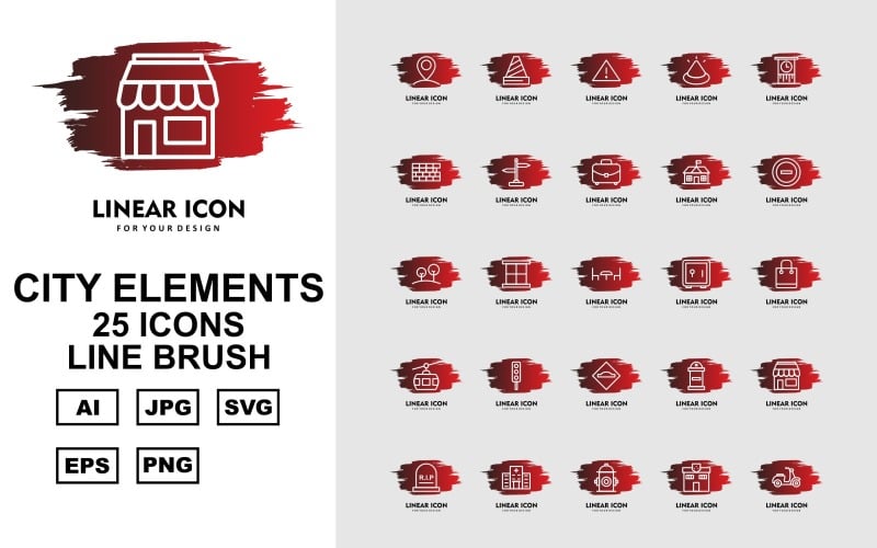 Download Набор иконок "25 Premium City Elements Line Brush Icon Set" / 25 Premium City Elements Line Brush Icon Set - Набор иконок на тему city fountain,traffic signal,factory,school,shop,hospital,hydrant,police station,vespa,bus,petrol,post office,trumway,parking,fence,bus stop,cctv,building,ads,road light