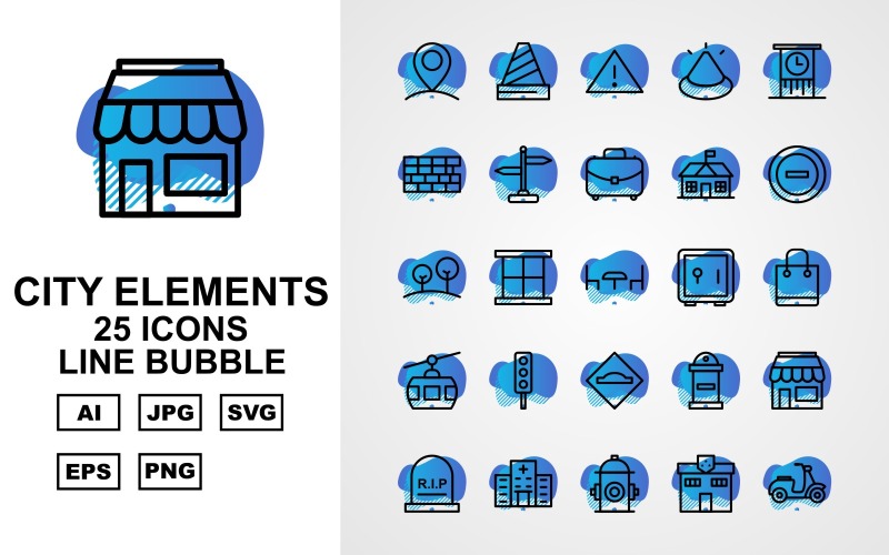 Download Набор иконок "25 Premium City Elements Line Bubble Icon Set" / 25 Premium City Elements Line Bubble Icon Set - Набор иконок на тему city fountain,traffic signal,factory,school,shop,hospital,hydrant,police station,vespa,bus,petrol,post office,trumway,parking,fence,bus stop,cctv,building,ads,road light