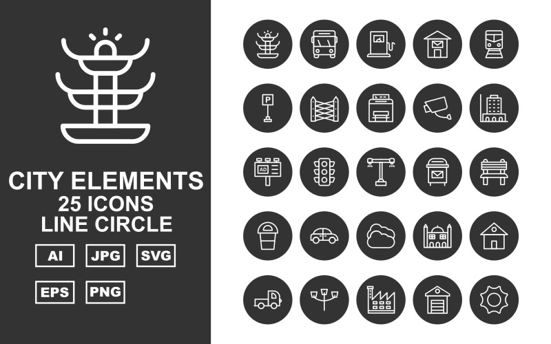 Download Набор иконок "25 Premium City Elements Line Circle Icon Set" / 25 Premium City Elements Line Circle Icon Set - Набор иконок на тему city fountain,traffic signal,factory,school,shop,hospital,hydrant,police station,vespa,bus,petrol,post office,trumway,parking,fence,bus stop,cctv,building,ads,road light