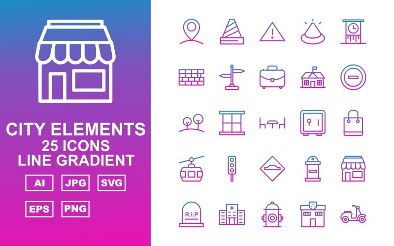 Download Набор иконок "25 Premium City Elements Line Gradient Icon Set" / 25 Premium City Elements Line Gradient Icon Set - Набор иконок на тему city fountain,traffic signal,factory,school,shop,hospital,hydrant,police station,vespa,bus,petrol,post office,trumway,parking,fence,bus stop,cctv,building,ads,road light