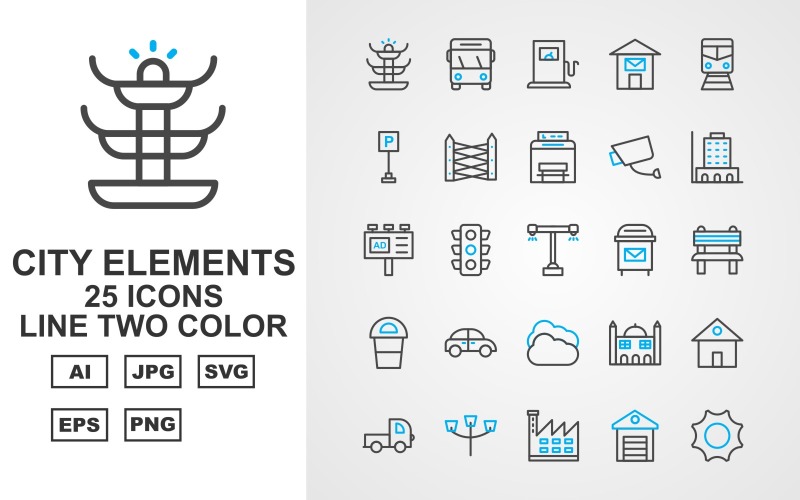 Download Набор иконок "25 Premium City Elements Line Two Color Icon Set" / 25 Premium City Elements Line Two Color Icon Set - Набор иконок на тему city fountain,traffic signal,factory,school,shop,hospital,hydrant,police station,vespa,bus,petrol,post office,trumway,parking,fence,bus stop,cctv,building,ads,road light