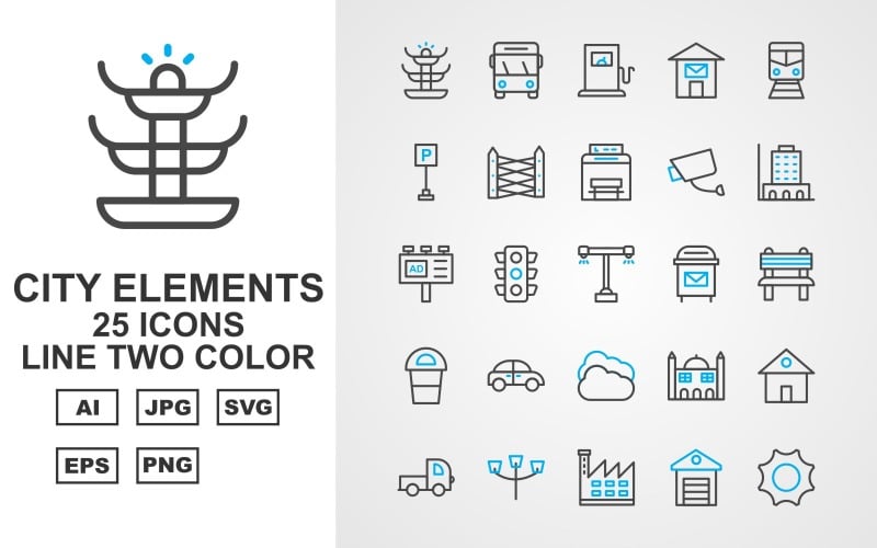 25 Premium City Elements Line Zweifarbiges Symbol-Set