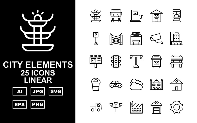 Download Набор иконок "25 Premium City Elements Linear Icon Set" / 25 Premium City Elements Linear Icon Set - Набор иконок на тему city fountain,traffic signal,factory,school,shop,hospital,hydrant,police station,vespa,bus,petrol,post office,trumway,parking,fence,bus stop,cctv,building,ads,road light