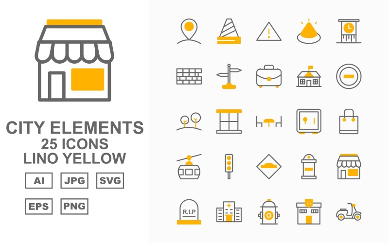 Download Набор иконок "25 Premium City Elements Lino Yellow Icon Set" / 25 Premium City Elements Lino Yellow Icon Set - Набор иконок на тему city fountain,traffic signal,factory,school,shop,hospital,hydrant,police station,vespa,bus,petrol,post office,trumway,parking,fence,bus stop,cctv,building,ads,road light