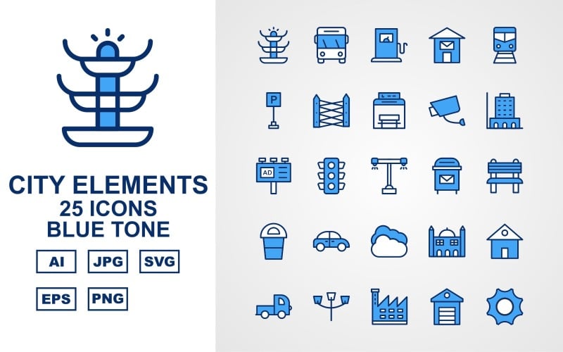25 Premium City Elements Mavi Ton Simge Seti