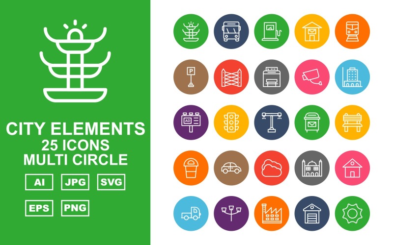 Download Набор иконок "25 Premium City Elements Multi Circle Icon Set" / 25 Premium City Elements Multi Circle Icon Set - Набор иконок на тему city fountain,traffic signal,factory,school,shop,hospital,hydrant,police station,vespa,bus,petrol,post office,trumway,parking,fence,bus stop,cctv,building,ads,road light