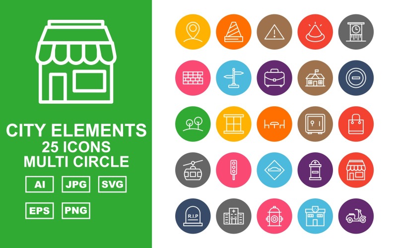 Download Набор иконок "25 Premium City Elements Multi Circle Icon Set" / 25 Premium City Elements Multi Circle Icon Set - Набор иконок на тему city fountain,traffic signal,factory,school,shop,hospital,hydrant,police station,vespa,bus,petrol,post office,trumway,parking,fence,bus stop,cctv,building,ads,road light