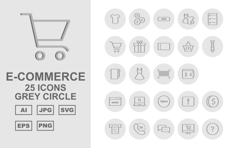 Download Набор иконок "25 Premium E-Commerce Grey Circle Icon Set" / 25 Premium E-Commerce Grey Circle Icon Set - Набор иконок на тему shopping dress,frok,bubbles chat,shopping bag,lcd,cart delivery,clothes,chat,dollar note,currencies,free,frok and shirt,check list,cart,gift,voucher,basket,neck,towel,barcode