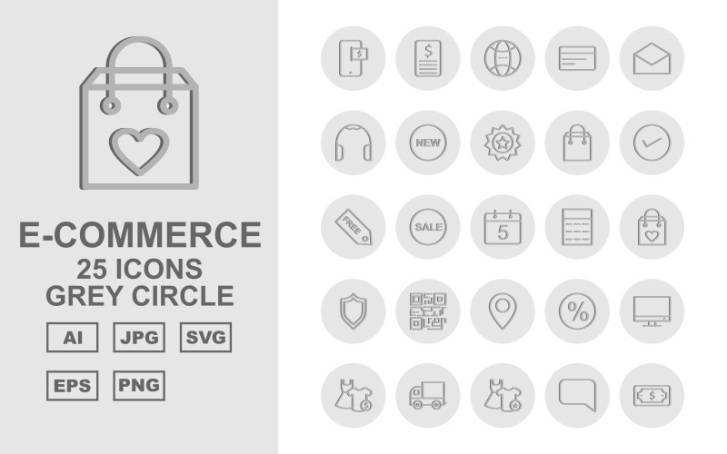 Download Набор иконок "25 Premium E-Commerce Grey Circle Icon Set" / 25 Premium E-Commerce Grey Circle Icon Set - Набор иконок на тему shopping dress,frok,bubbles chat,shopping bag,lcd,cart delivery,clothes,chat,dollar note,currencies,free,frok and shirt,check list,cart,gift,voucher,basket,neck,towel,barcode