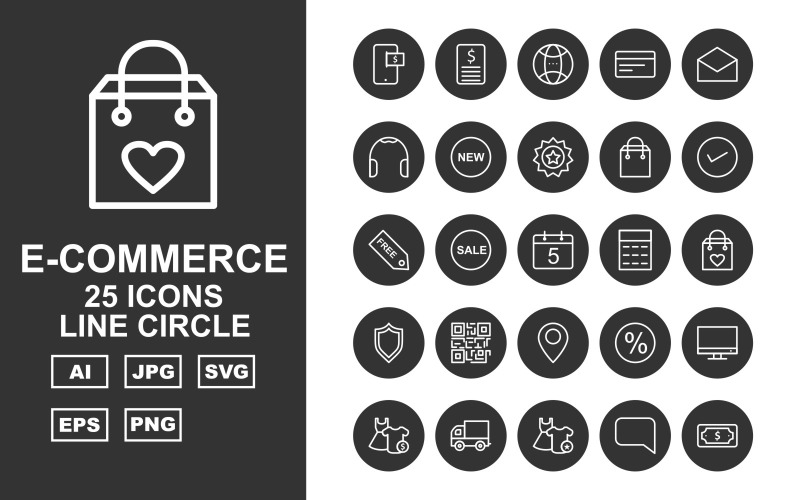 Download Набор иконок "25 Premium E-Commerce Line Circle Icon Set" / 25 Premium E-Commerce Line Circle Icon Set - Набор иконок на тему shopping dress,frok,bubbles chat,shopping bag,lcd,cart delivery,clothes,chat,dollar note,currencies,free,frok and shirt,check list,cart,gift,voucher,basket,neck,towel,barcode