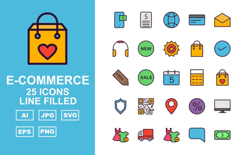 25 Premium E-Commerce Line Gefülltes Icon Set
