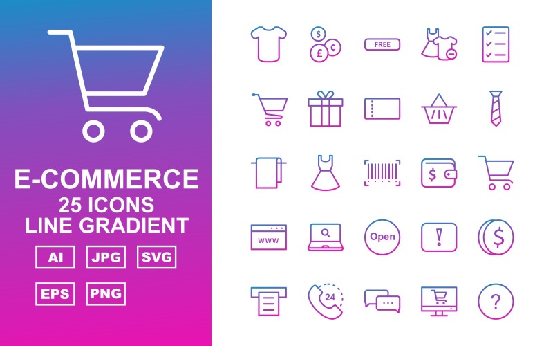 Download Набор иконок "25 Premium E-Commerce Line Gradient Icon Set" / 25 Premium E-Commerce Line Gradient Icon Set - Набор иконок на тему shopping dress,frok,bubbles chat,shopping bag,lcd,cart delivery,clothes,chat,dollar note,currencies,free,frok and shirt,check list,cart,gift,voucher,basket,neck,towel,barcode