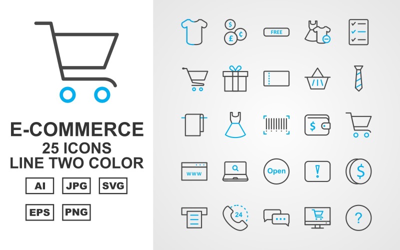 Download Набор иконок "25 Premium E-Commerce Line Two Color Icon Set" / 25 Premium E-Commerce Line Two Color Icon Set - Набор иконок на тему shopping dress,frok,bubbles chat,shopping bag,lcd,cart delivery,clothes,chat,dollar note,currencies,free,frok and shirt,check list,cart,gift,voucher,basket,neck,towel,barcode