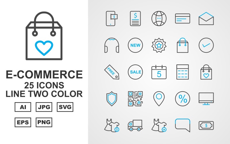 Download Набор иконок "25 Premium E-Commerce Line Two Color Icon Set" / 25 Premium E-Commerce Line Two Color Icon Set - Набор иконок на тему shopping dress,frok,bubbles chat,shopping bag,lcd,cart delivery,clothes,chat,dollar note,currencies,free,frok and shirt,check list,cart,gift,voucher,basket,neck,towel,barcode