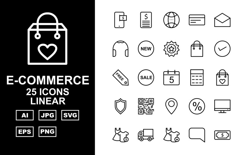 Download Набор иконок "25 Premium E-Commerce Linear Icon Set" / 25 Premium E-Commerce Linear Icon Set - Набор иконок на тему shopping dress,frok,bubbles chat,shopping bag,lcd,cart delivery,clothes,chat,dollar note,currencies,free,frok and shirt,check list,cart,gift,voucher,basket,neck,towel,barcode