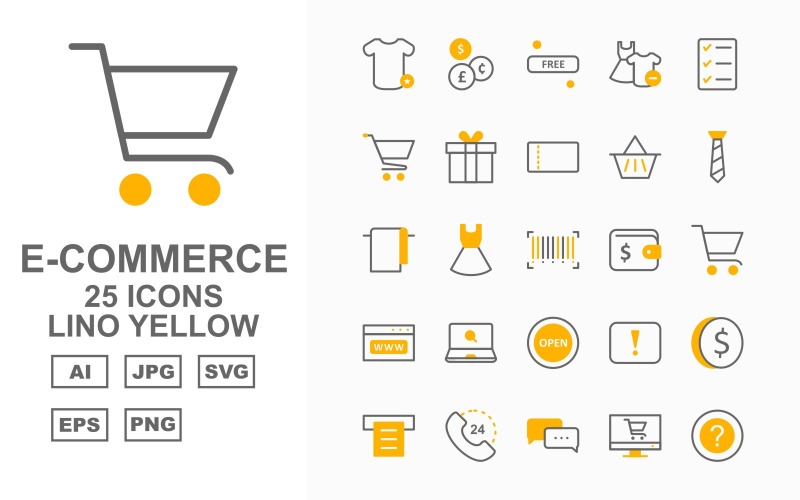 Download Набор иконок "25 Premium E-Commerce Lino Yellow Icon Set" / 25 Premium E-Commerce Lino Yellow Icon Set - Набор иконок на тему shopping dress,frok,bubbles chat,shopping bag,lcd,cart delivery,clothes,chat,dollar note,currencies,free,frok and shirt,check list,cart,gift,voucher,basket,neck,towel,barcode