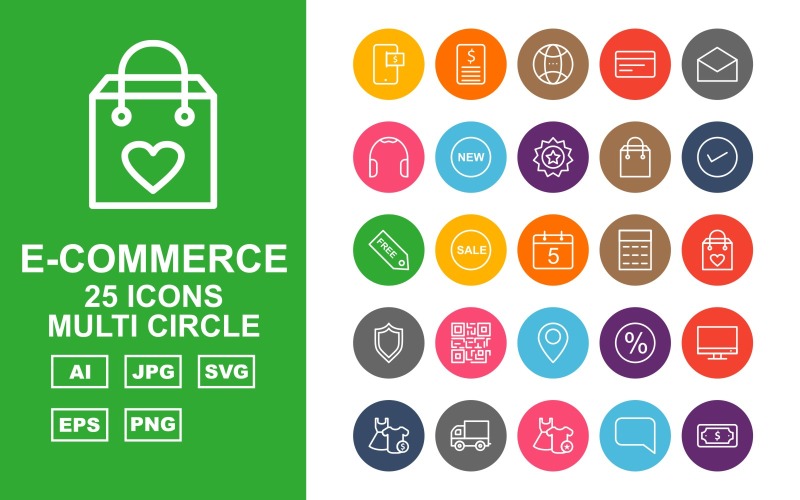 Download Набор иконок "25 Premium E-Commerce Multi Circle Icon Set" / 25 Premium E-Commerce Multi Circle Icon Set - Набор иконок на тему shopping dress,frok,bubbles chat,shopping bag,lcd,cart delivery,clothes,chat,dollar note,currencies,free,frok and shirt,check list,cart,gift,voucher,basket,neck,towel,barcode