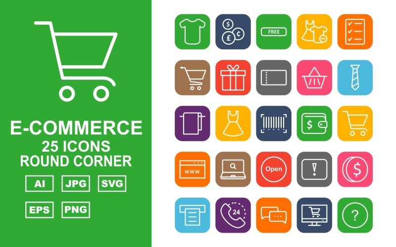 Download Набор иконок "25 Premium E-Commerce Round Corner Icon Set" / 25 Premium E-Commerce Round Corner Icon Set - Набор иконок на тему shopping dress,frok,bubbles chat,shopping bag,lcd,cart delivery,clothes,chat,dollar note,currencies,free,frok and shirt,check list,cart,gift,voucher,basket,neck,towel,barcode