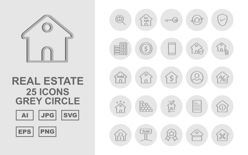 25 Premium Emlak Gri Daire Icon Set