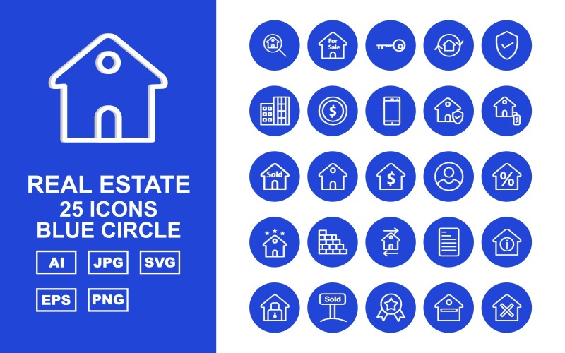 Download Набор иконок "25 Premium Real Estate Blue Circle Icon Set" / 25 Premium Real Estate Blue Circle Icon Set - Набор иконок на тему city search,home,reward,rent,fence,deed,new,approved,contract,sale,key,flip,checkmark,building,cash,mobile,protected house,dollar house,sold,price