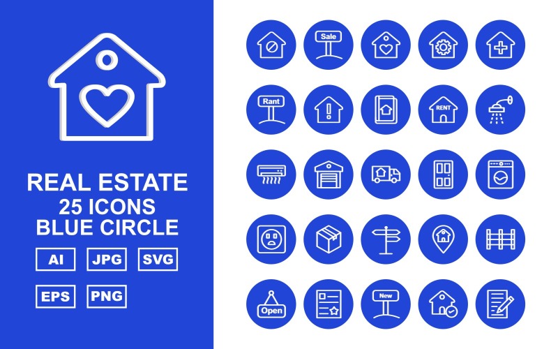 Download Набор иконок "25 Premium Real Estate Blue Circle Icon Set" / 25 Premium Real Estate Blue Circle Icon Set - Набор иконок на тему city search,home,reward,rent,fence,deed,new,approved,contract,sale,key,flip,checkmark,building,cash,mobile,protected house,dollar house,sold,price