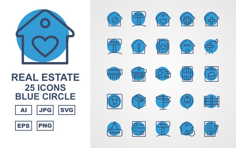 25 Premium Real Estate Blue Circle Ikonuppsättning