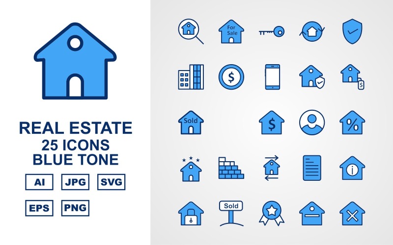 Download Набор иконок "25 Premium Real Estate Blue Tone Icon Set" / 25 Premium Real Estate Blue Tone Icon Set - Набор иконок на тему city search,home,reward,rent,fence,deed,new,approved,contract,sale,key,flip,checkmark,building,cash,mobile,protected house,dollar house,sold,price